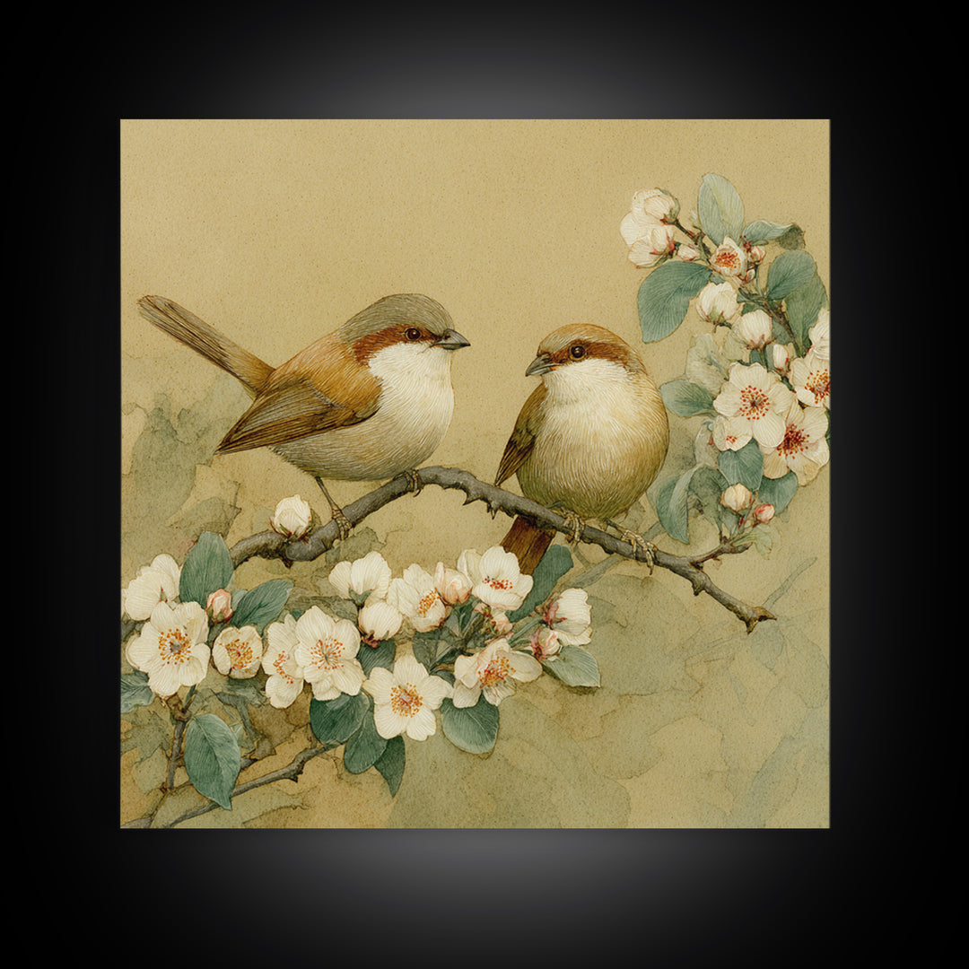 Small Bird Pair on Flowering Branch Canvas Print, Guest Bedroom Art, Funky Wall Art, Bedroom Decor, Watercolor Art, Guest, GBA-1x1-76