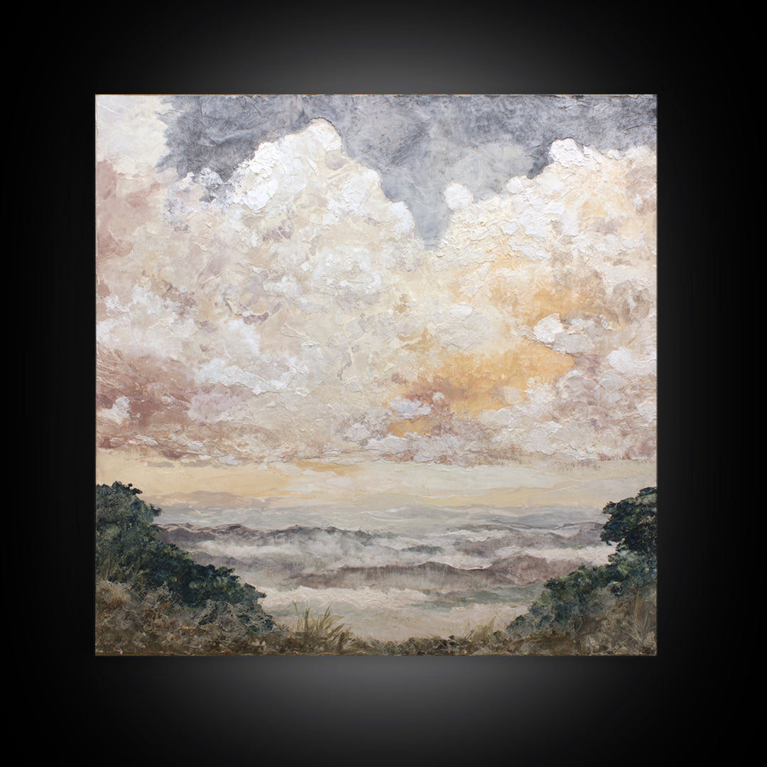 Romantic Cloudscape in Blush and Ivory Framed Canvas Print, Guest Bedroom Art, Statement Artwork, Bedroom Decor, Guest, GBA-1x1-83
