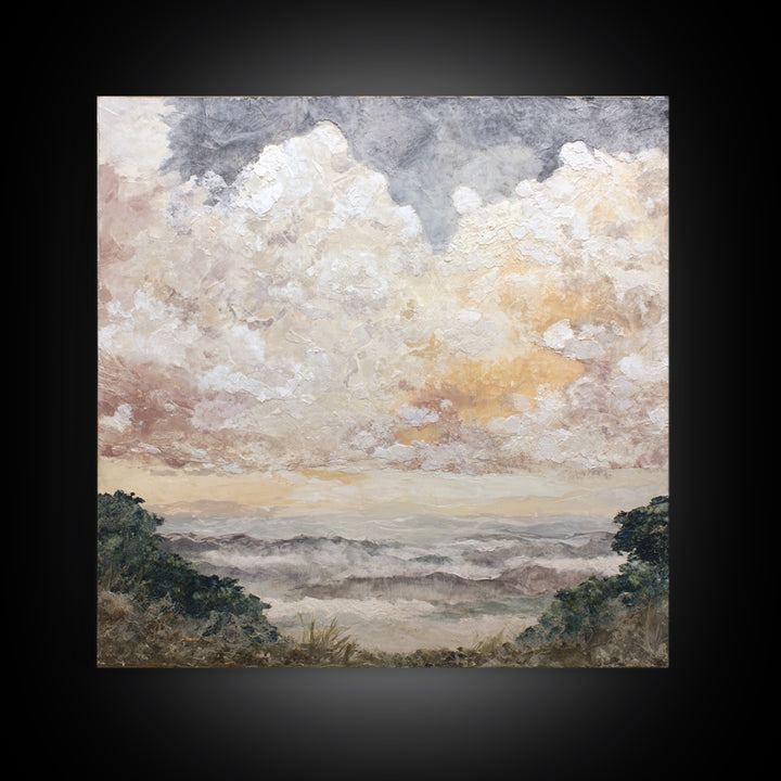 Romantic Cloudscape in Blush and Ivory Framed Canvas Print, Guest Bedroom Art, Statement Artwork, Bedroom Decor, Guest, GBA-1x1-83