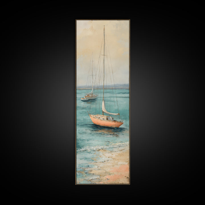 Soft Watercolor Sailboat on Quiet Water Framed Canvas Print, Guest Bedroom Art, Funky Wall Art, Bedroom Decor, Oil Painting, GBA-1x3-30