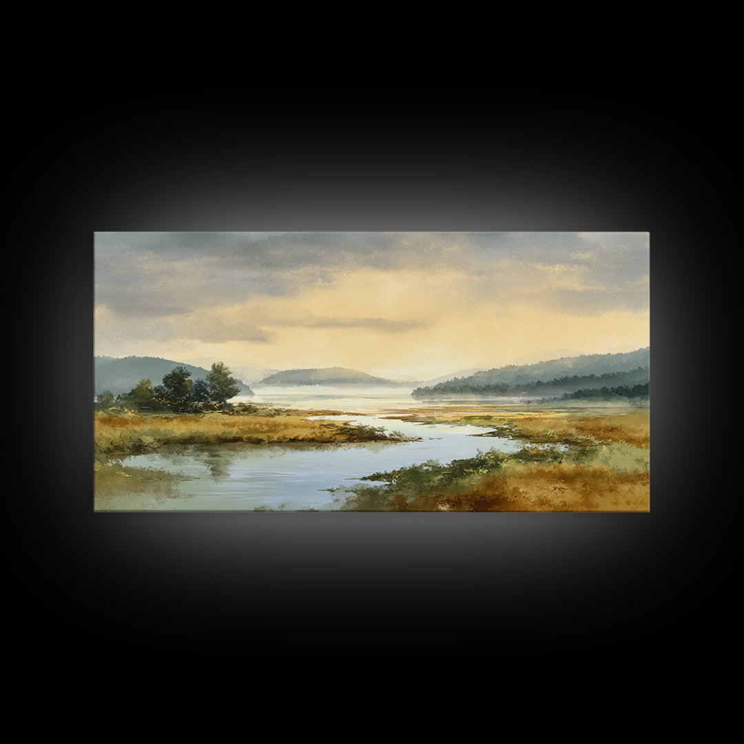 Quiet Lake Landscape at Early Morning Canvas Print, Guest Bedroom Art, Wall Decor, Bedroom Decor, Oil Painting, Guest, GBA-2x1-70