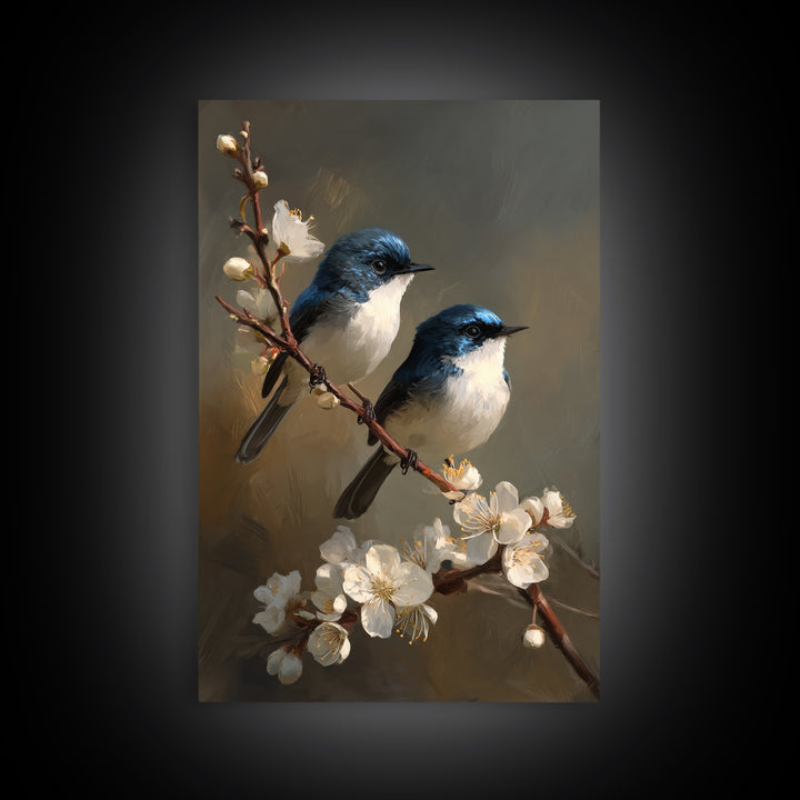Small Bird Pair on Flowering Branch Framed Canvas Print, Guest Bedroom Art, Minimalist Decor, Bedroom Decor, Fine Art, Guest, GBA-2x3-12