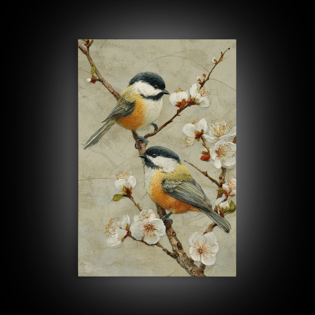 Small Bird Pair on Flowering Branch Framed Canvas Print, Guest Bedroom Art, Cat Wall Art, Bedroom Decor, Fine Art, Guest, GBA-2x3-36