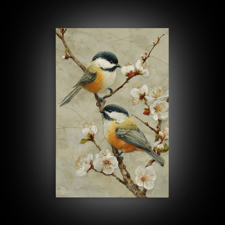 Small Bird Pair on Flowering Branch Framed Canvas Print, Guest Bedroom Art, Cat Wall Art, Bedroom Decor, Fine Art, Guest, GBA-2x3-36