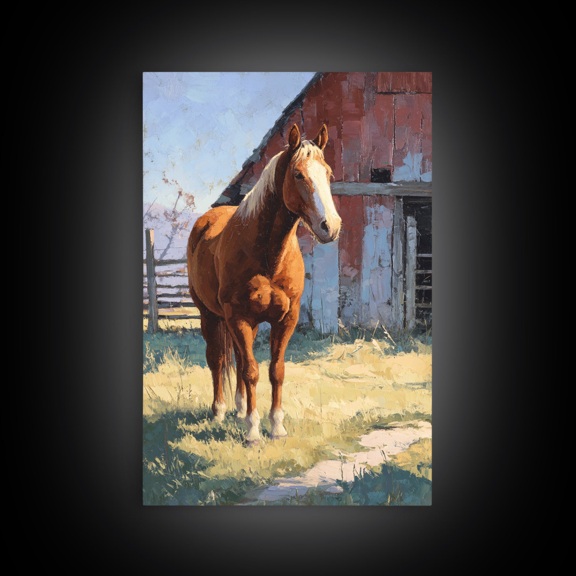 Quiet Horse Pasture at Sunset Framed Canvas Print, Guest Bedroom Art, Home, Bedroom Decor, Oil Painting, Guest, GBA-2x3-53