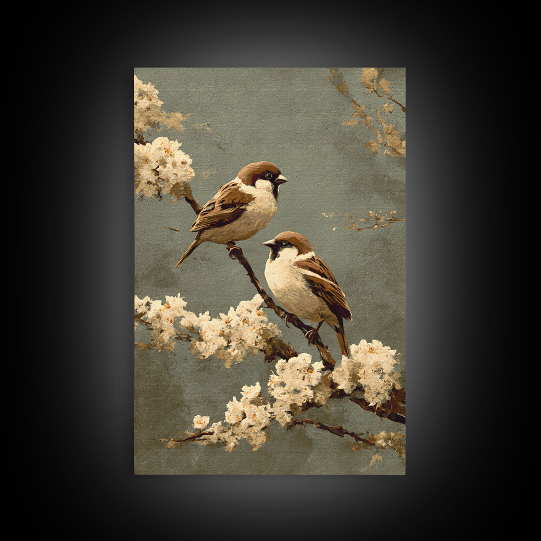 Small Bird Pair on Flowering Branch Framed Canvas Print, Guest Bedroom Art, Wall Art, Bedroom Decor, Watercolor Art, Guest, GBA-2x3-60