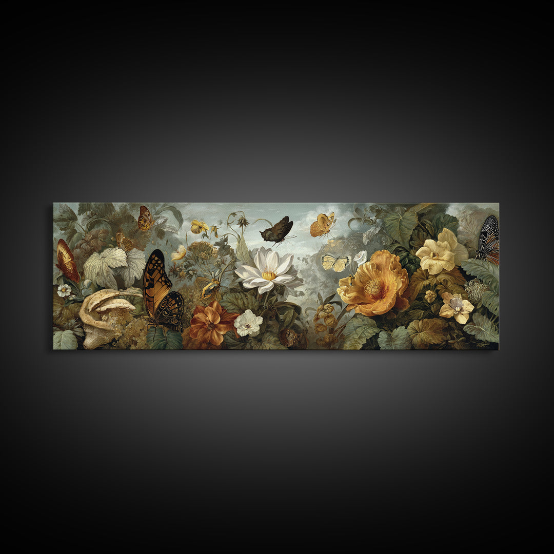 Garden Butterfly and Flowers Specimen Study Framed Canvas Print, Guest Bedroom Art, Farmhouse Wall Art, Bedroom Decor, Guest, GBA-3x1-15