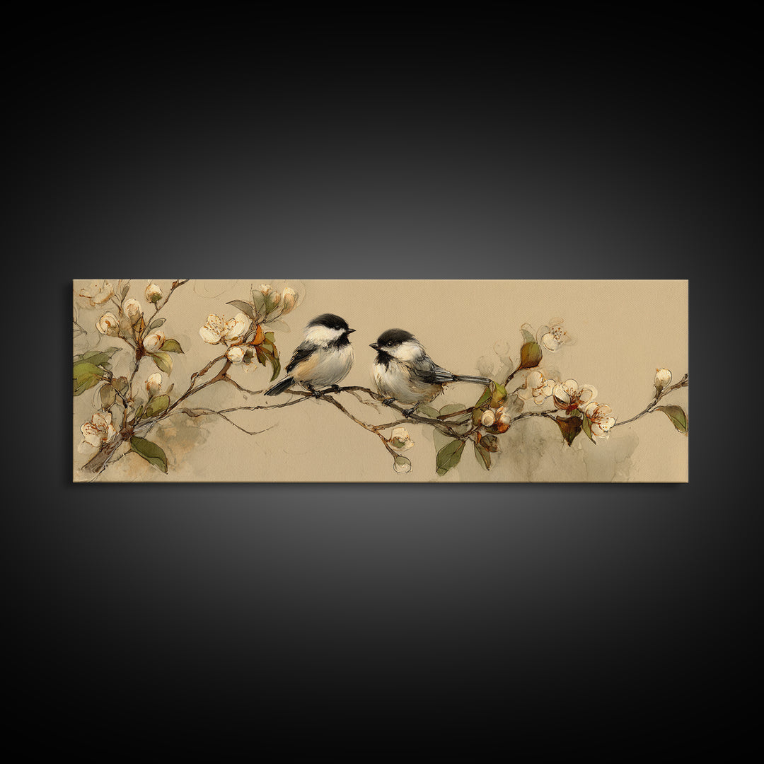 Small Bird Pair on Flowering Branch Canvas Print, Guest Bedroom Art, Downloadable Prints, Bedroom Decor, Oil Painting, Guest, GBA-3x1-20