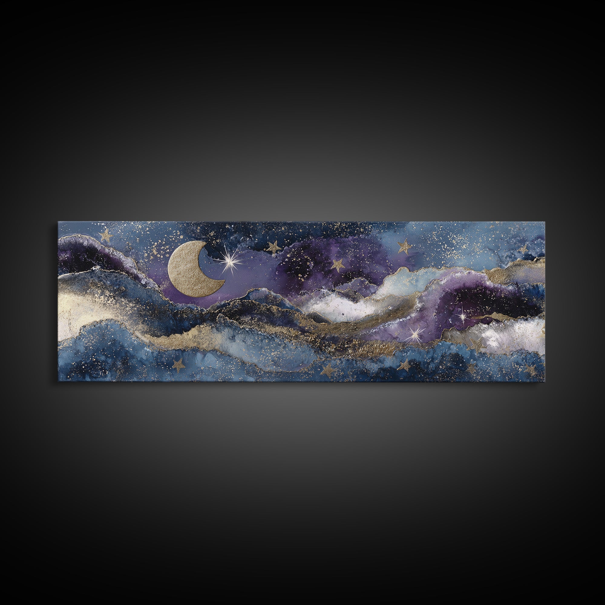 Minimal Moon and Stars Composition Framed Canvas Print, Guest Bedroom Art, New Home, Bedroom Decor, Watercolor Art, Guest, GBA-3x1-32
