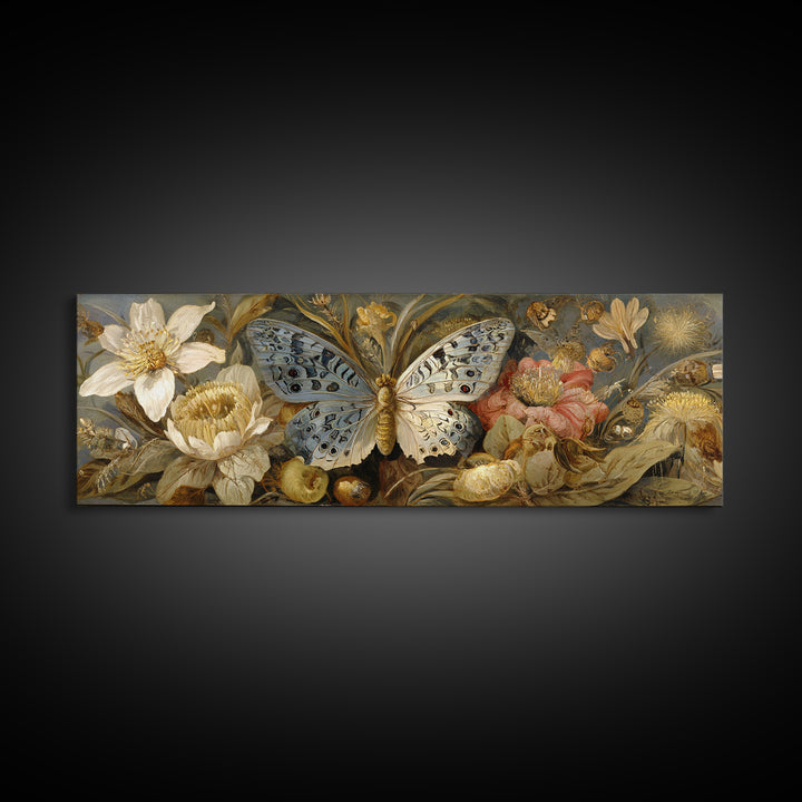Garden Butterfly and Flowers Specimen Study Canvas Print, Guest Bedroom Art, Fine Art Print, Bedroom Decor, Oil Painting, Guest, GBA-3x1-39