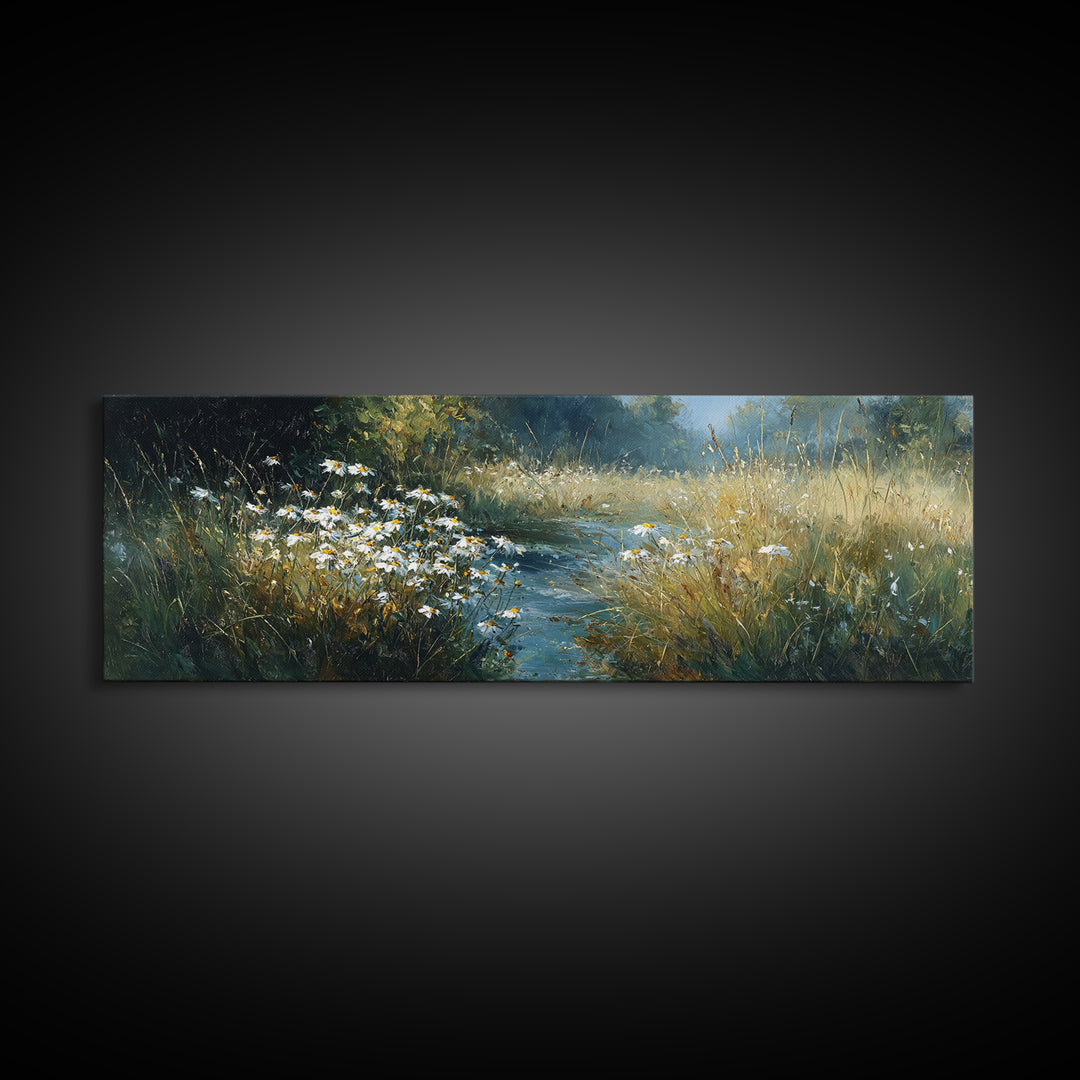 Sunlit Meadow with Delicate Flowers Framed Canvas Print, Guest Bedroom Art, Bedroom Decor, Oil Painting, Guest, GBA-3x1-55