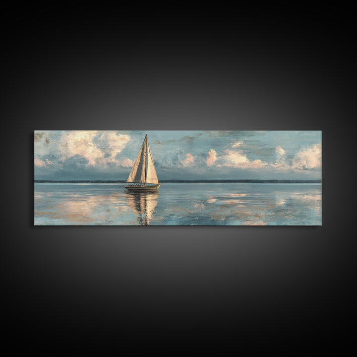 Soft Watercolor Sailboat on Quiet Water Framed Canvas Print, Guest Bedroom Art, New Home Gift, Bedroom Decor, Fine Art, Guest, GBA-3x1-58