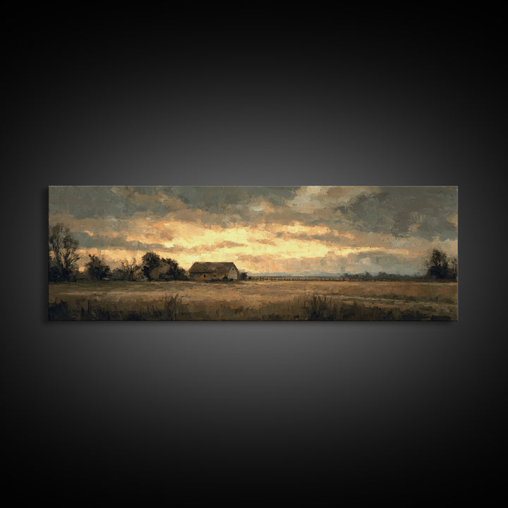 Quiet Horse Pasture at Sunset Canvas Print, Guest Bedroom Art, Farmhouse Wall Decor, Bedroom Decor, Oil Painting, Guest, GBA-3x1-61