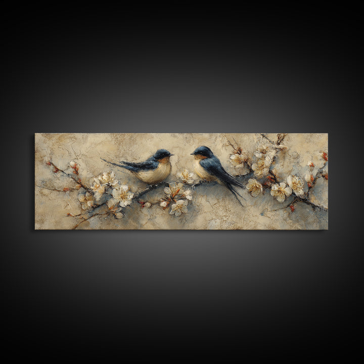 Small Bird Pair on Flowering Branch Framed Canvas Print, Guest Bedroom Art, Contemporary Art, Bedroom Decor, Fine Art, Guest, GBA-3x1-68
