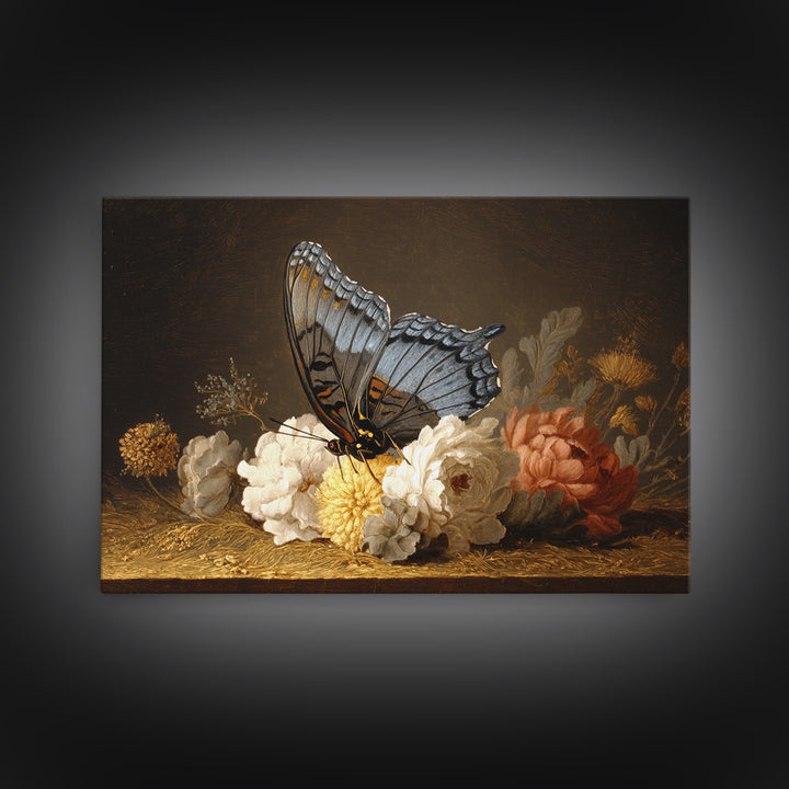 Garden Butterfly and Flowers Specimen Study Framed Canvas Print, Guest Bedroom Art, Bedroom Wall Art, Bedroom Decor, Guest, GBA-3x2-27