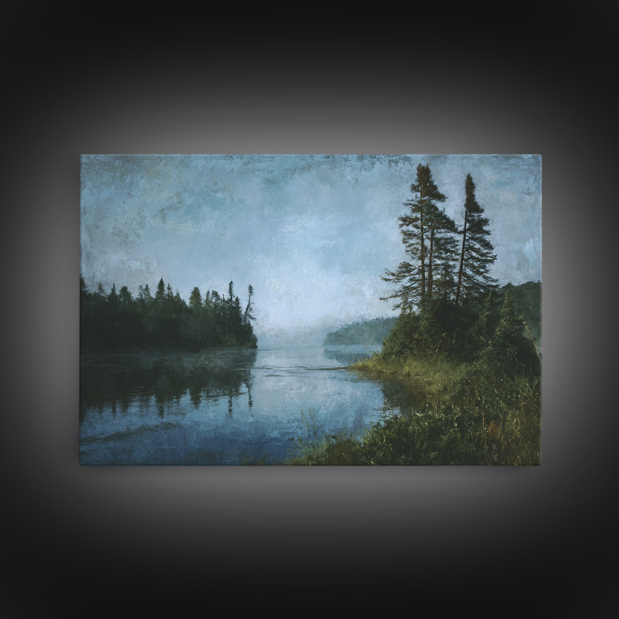 Quiet Lake Landscape at Early Morning Framed Canvas Print, Guest Bedroom Art, Bedroom Decor, Fine Art, Guest, Above Bed Decor, GBA-3x2-6