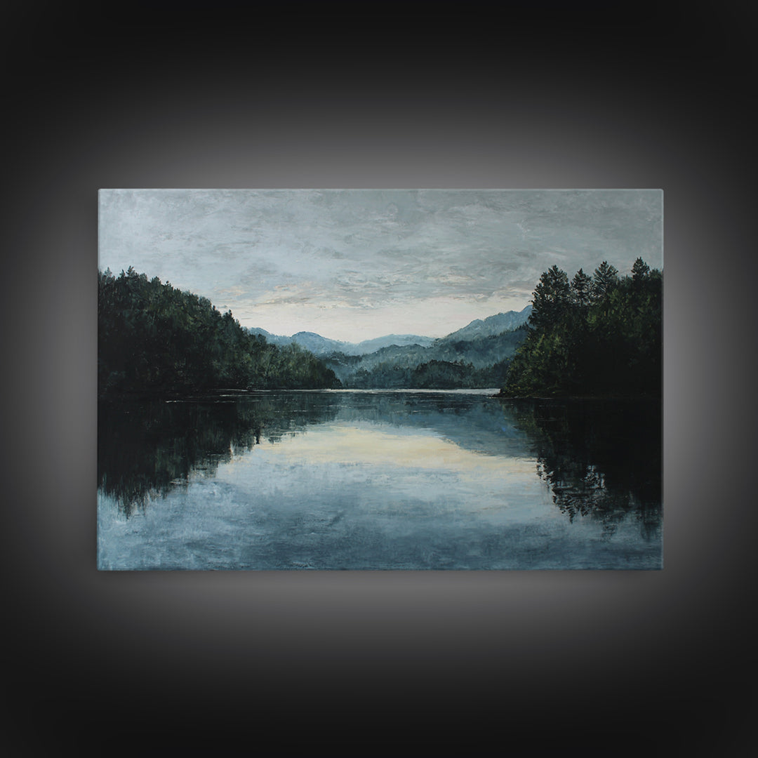 Quiet Lake Landscape at Early Morning Framed Canvas Print, Guest Bedroom Art, Farmhouse Wall Decor, Bedroom Decor, Guest, GBA-3x2-78