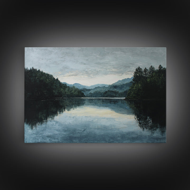 Quiet Lake Landscape at Early Morning Framed Canvas Print, Guest Bedroom Art, Farmhouse Wall Decor, Bedroom Decor, Guest, GBA-3x2-78