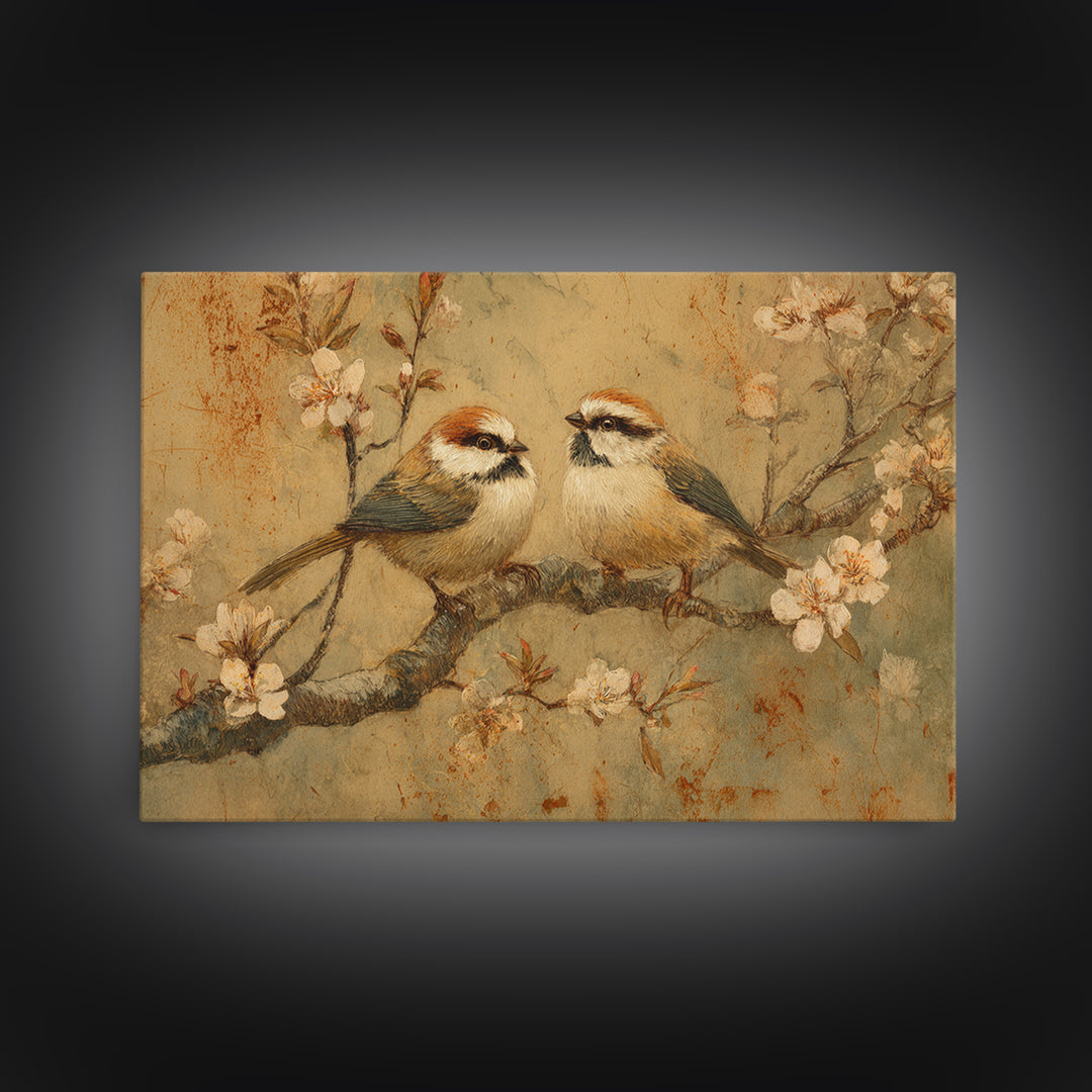 Small Bird Pair on Flowering Branch Framed Canvas Print, Guest Bedroom Art, Statement Artwork, Bedroom Decor, Fine Art, Guest, GBA-3x2-80