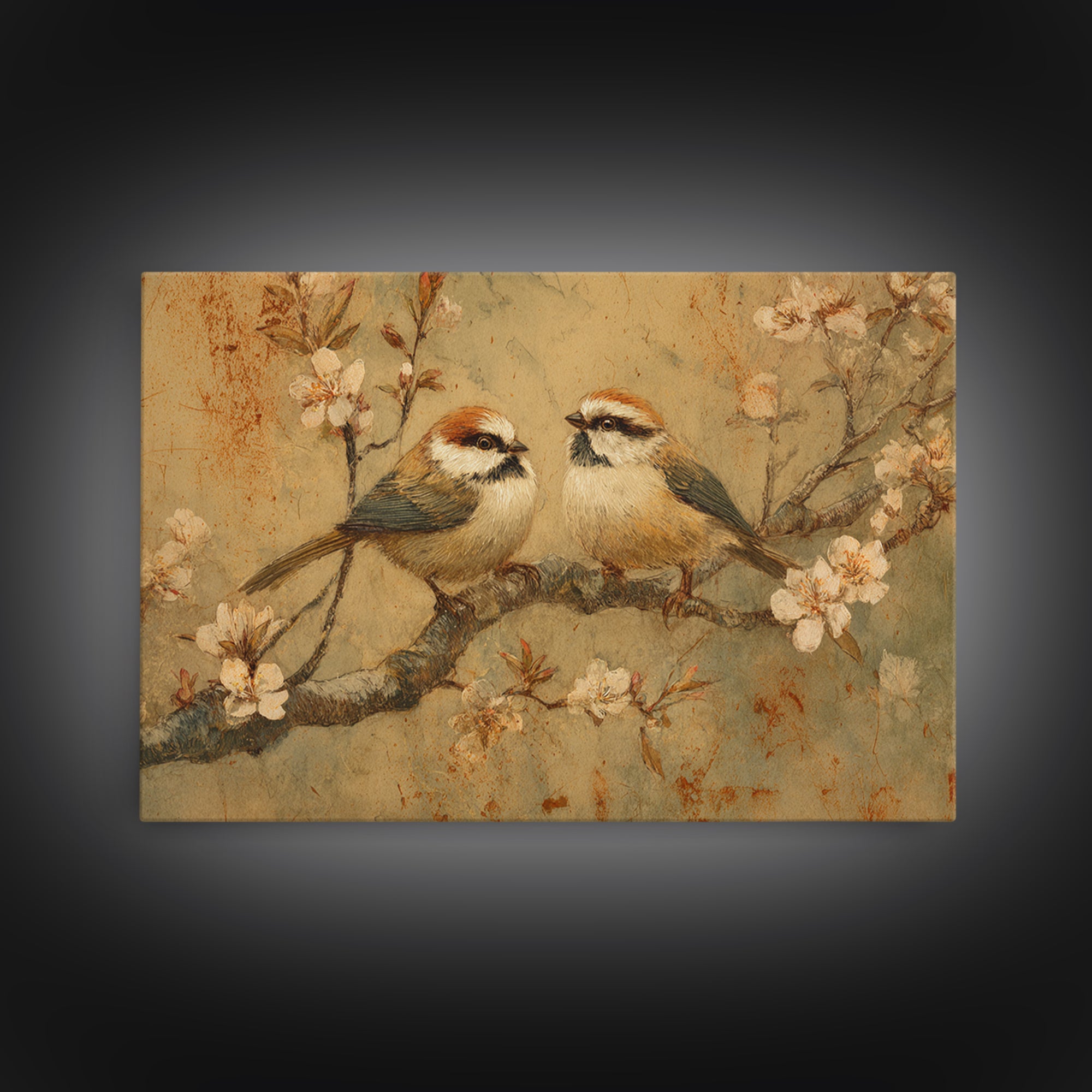 Small Bird Pair on Flowering Branch Framed Canvas Print, Guest Bedroom Art, Statement Artwork, Bedroom Decor, Fine Art, Guest, GBA-3x2-80