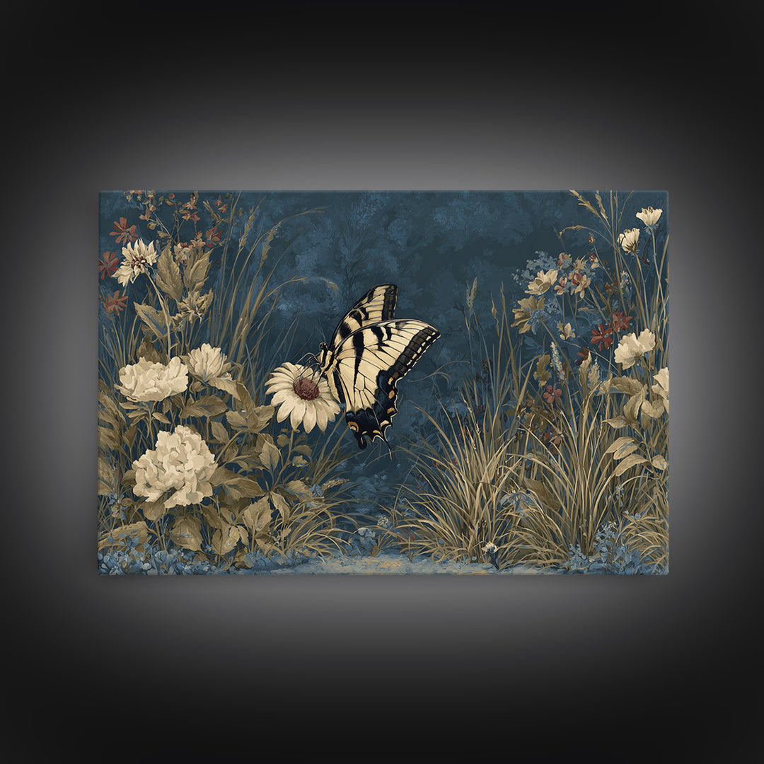 Garden Butterfly and Flowers Specimen Study Framed Canvas Print, Guest Bedroom Art, Minimalist Decor, Bedroom Decor, Guest, GBA-3x2-99