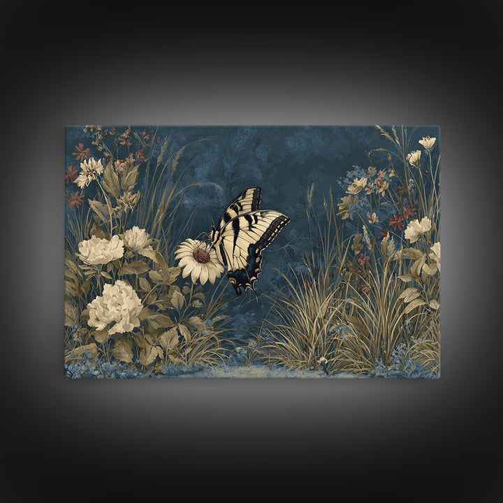 Garden Butterfly and Flowers Specimen Study Framed Canvas Print, Guest Bedroom Art, Minimalist Decor, Bedroom Decor, Guest, GBA-3x2-99