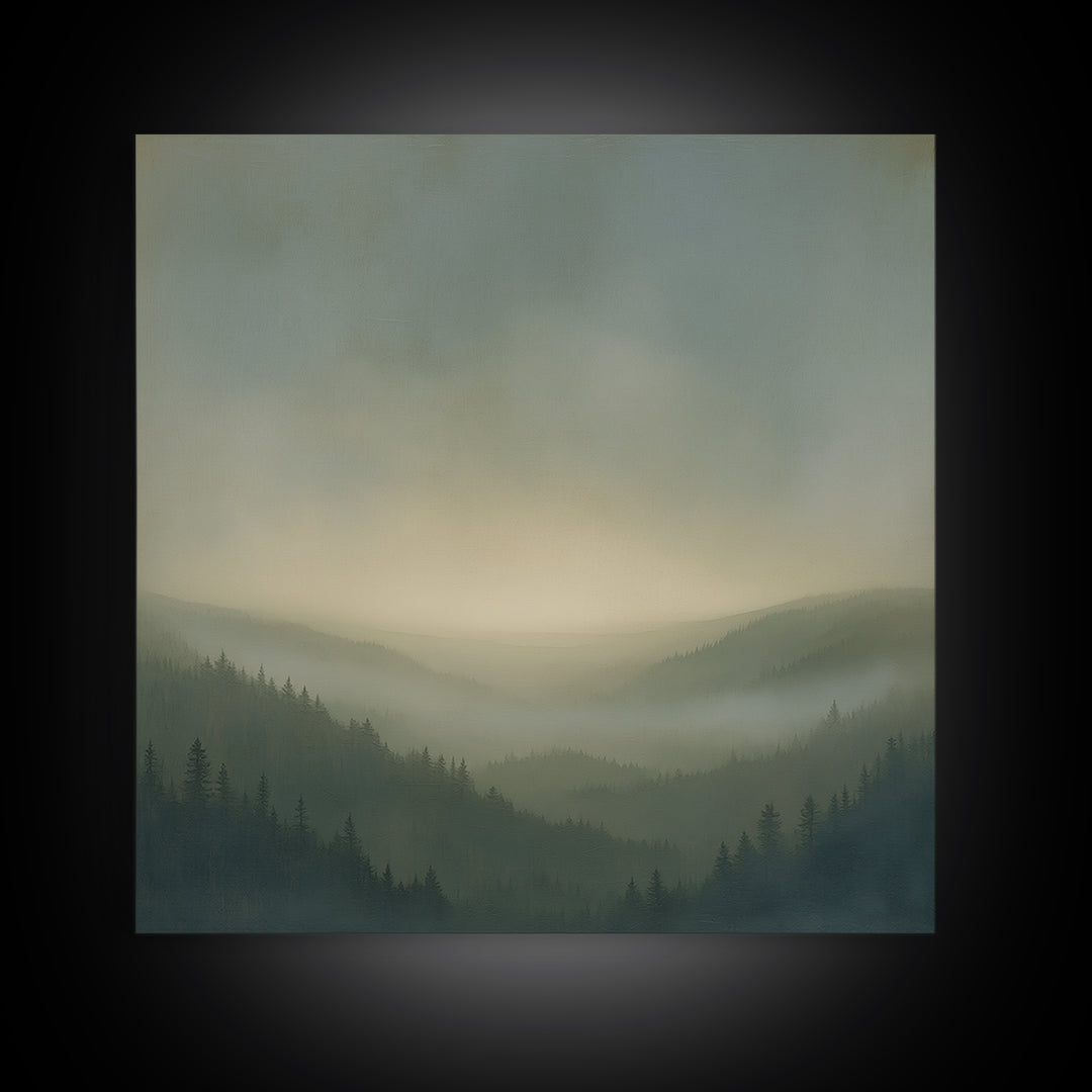 Misty Mountain Valley Framed Canvas Print, General Fine Art, Digital Print, Living Room Decor, Watercolor Art, GEN-1x1-100