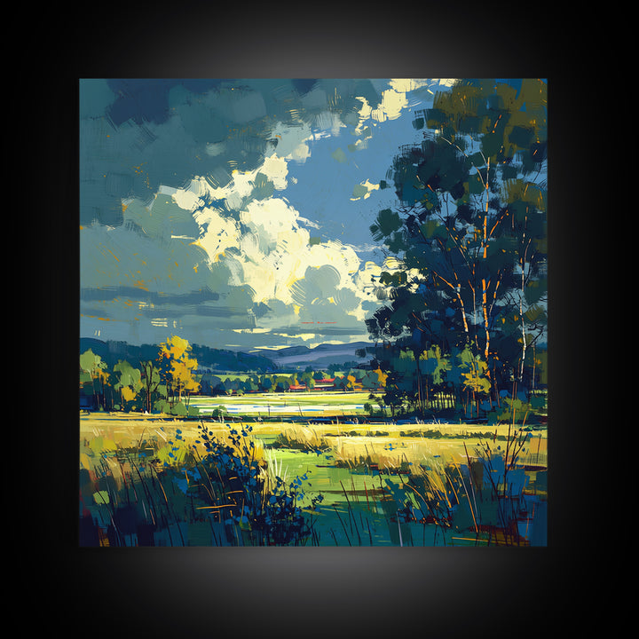 Sunlit Meadow with Loose Impressionist Brushwork Canvas Print, General Fine Art, Framed Wall Art, Living Room Decor, GEN-1x1-14