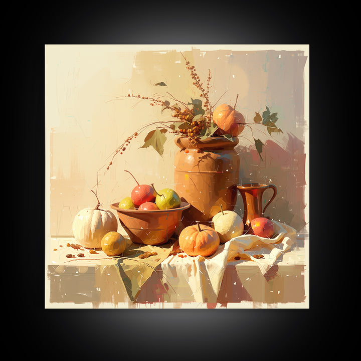 Simple Still Life of Fruit and Linen Framed Canvas Print, General Fine Art, Wall Art Prints, Living Room Decor, Abstract Art, GEN-1x1-16