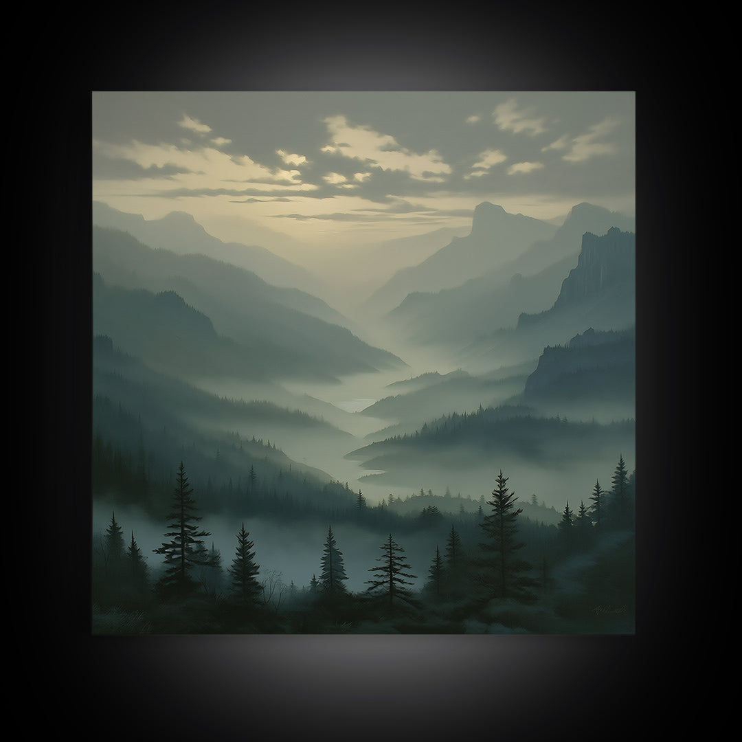 Misty Mountain Valley Framed Canvas Print, General Fine Art, Decor, Living Room Decor, Fine Art, Digital Wall Art, GEN-1x1-28