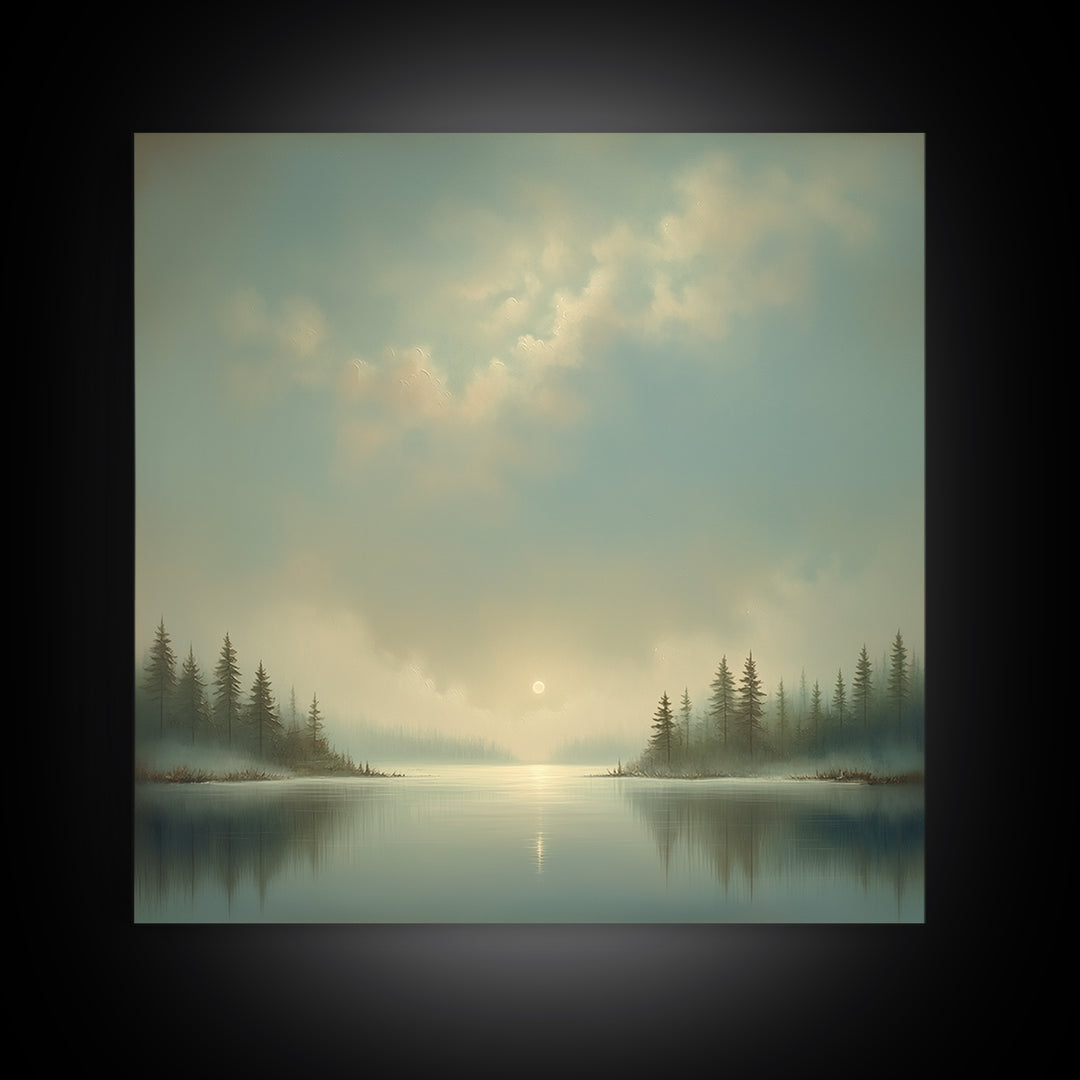 Dreamlike Moonlit Lake Framed Canvas Print, General Fine Art, Boho Decor, Living Room Decor, Fine Art, Wall Decor, GEN-1x1-37