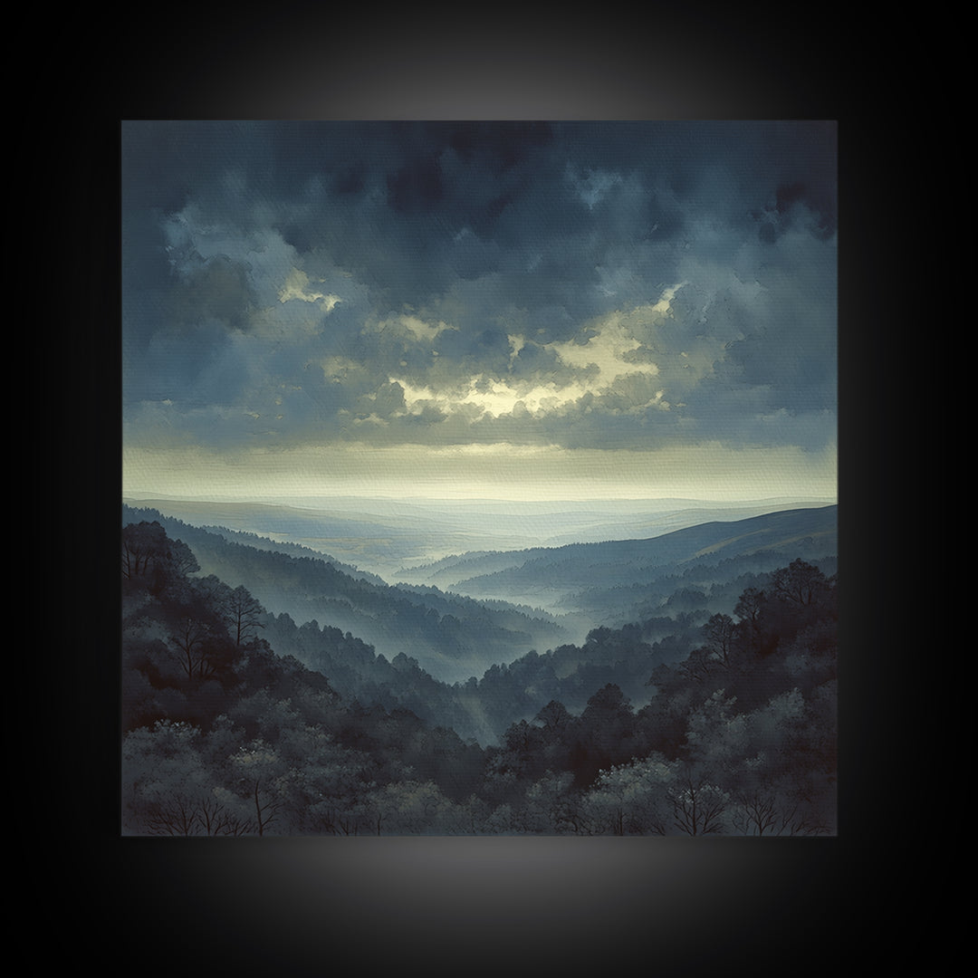 Misty Mountain Valley Framed Canvas Print, General Fine Art, Oil Painting, Living Room Decor, Fine Art, Gallery Decor, GEN-1x1-52