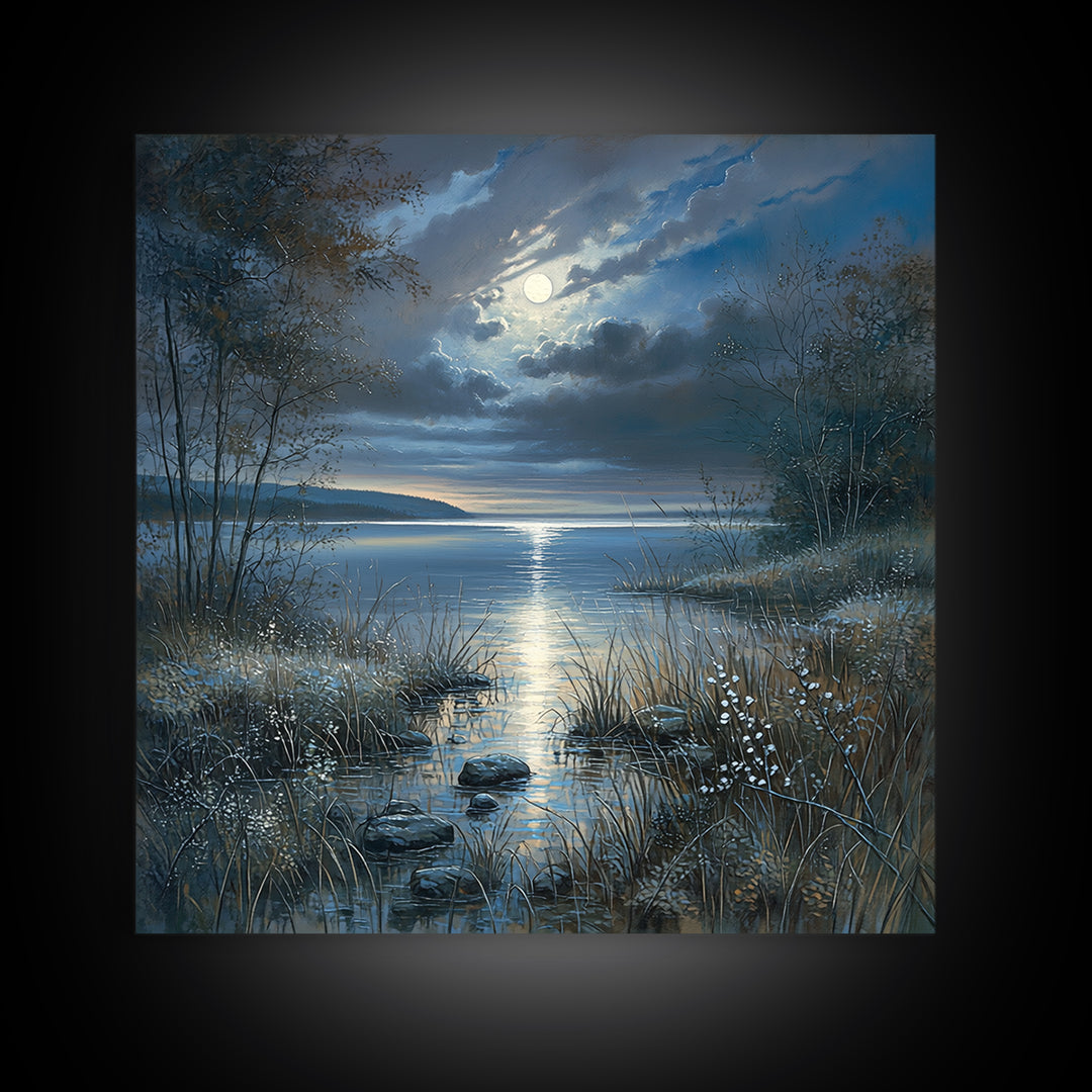 Dreamlike Moonlit Lake Framed Canvas Print, General Fine Art, Boho Decor, Living Room Decor, Fine Art, Wall Decor, GEN-1x1-61