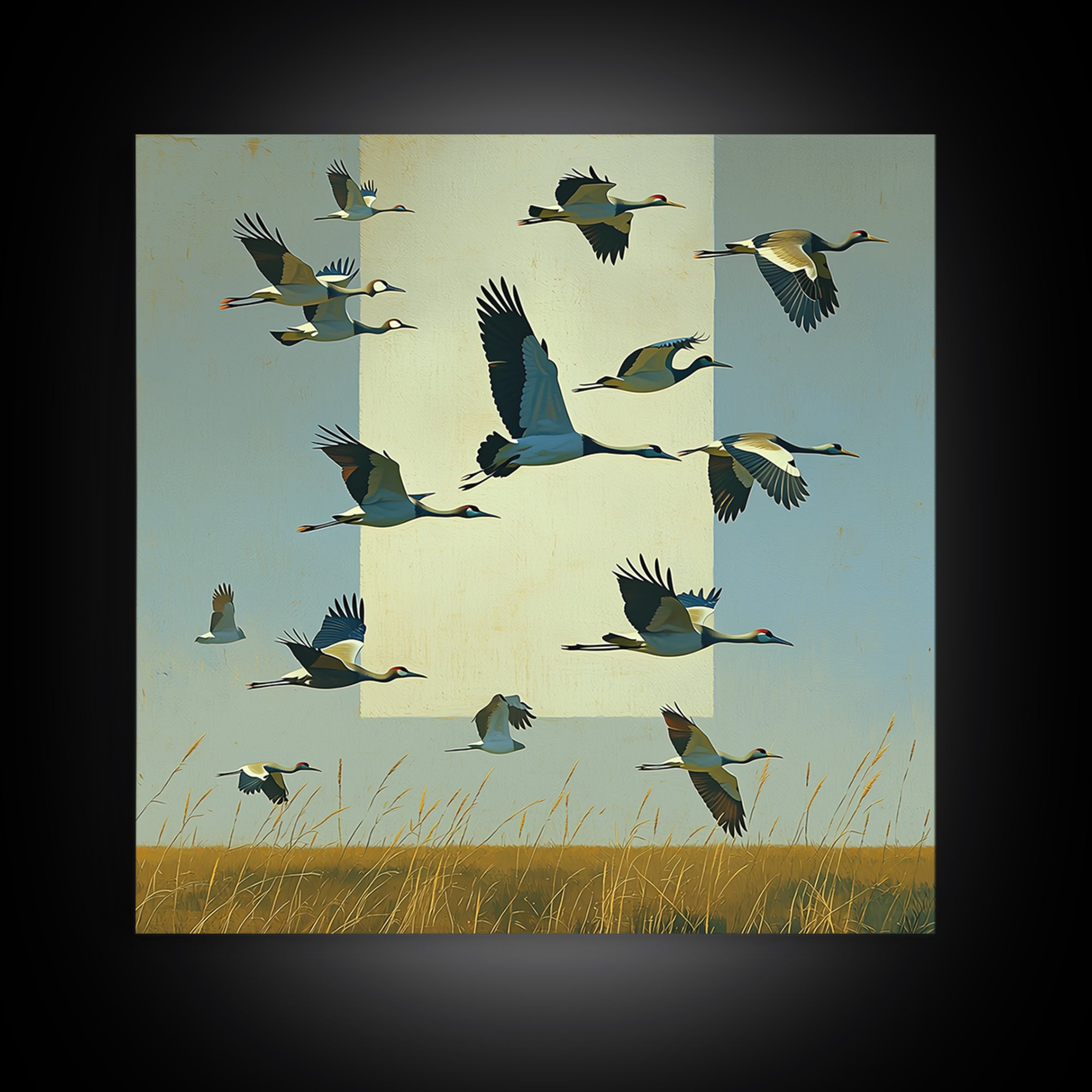 Minimal Birds in Flight over an Open Framed Canvas Print, General Fine Art, Abstract Art, Living Room Decor, Fine Art, GEN-1x1-70