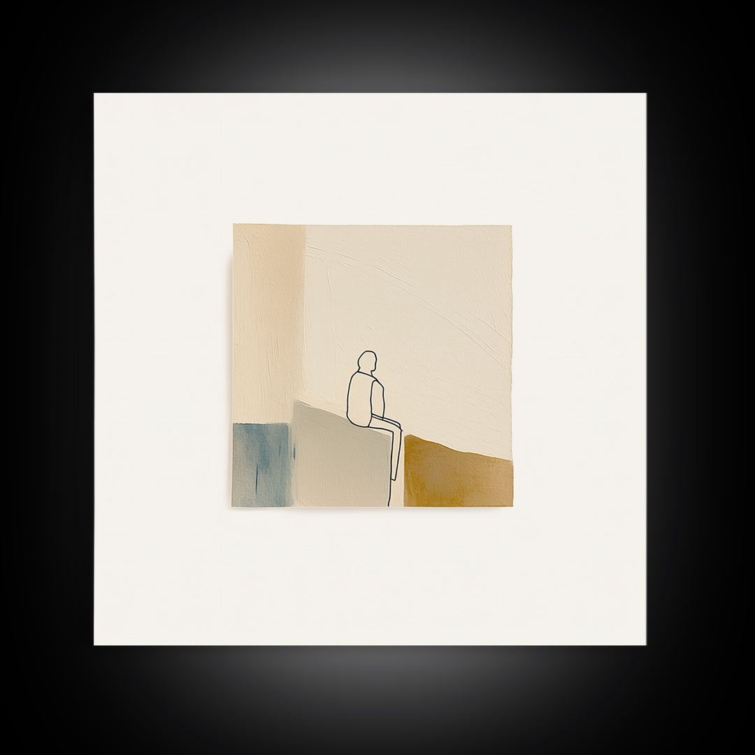 Minimal Black Line Figure on Textured Paper Canvas Print, General Fine Art, Statement Artwork, Living Room Decor, Fine Art, GEN-1x1-75