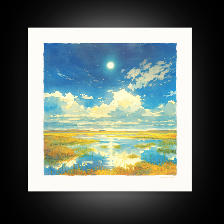 Dreamlike Moonlit Lake Canvas Print, General Fine Art, Minimalist Decor, Living Room Decor, Oil Painting, Art Print, GEN-1x1-85