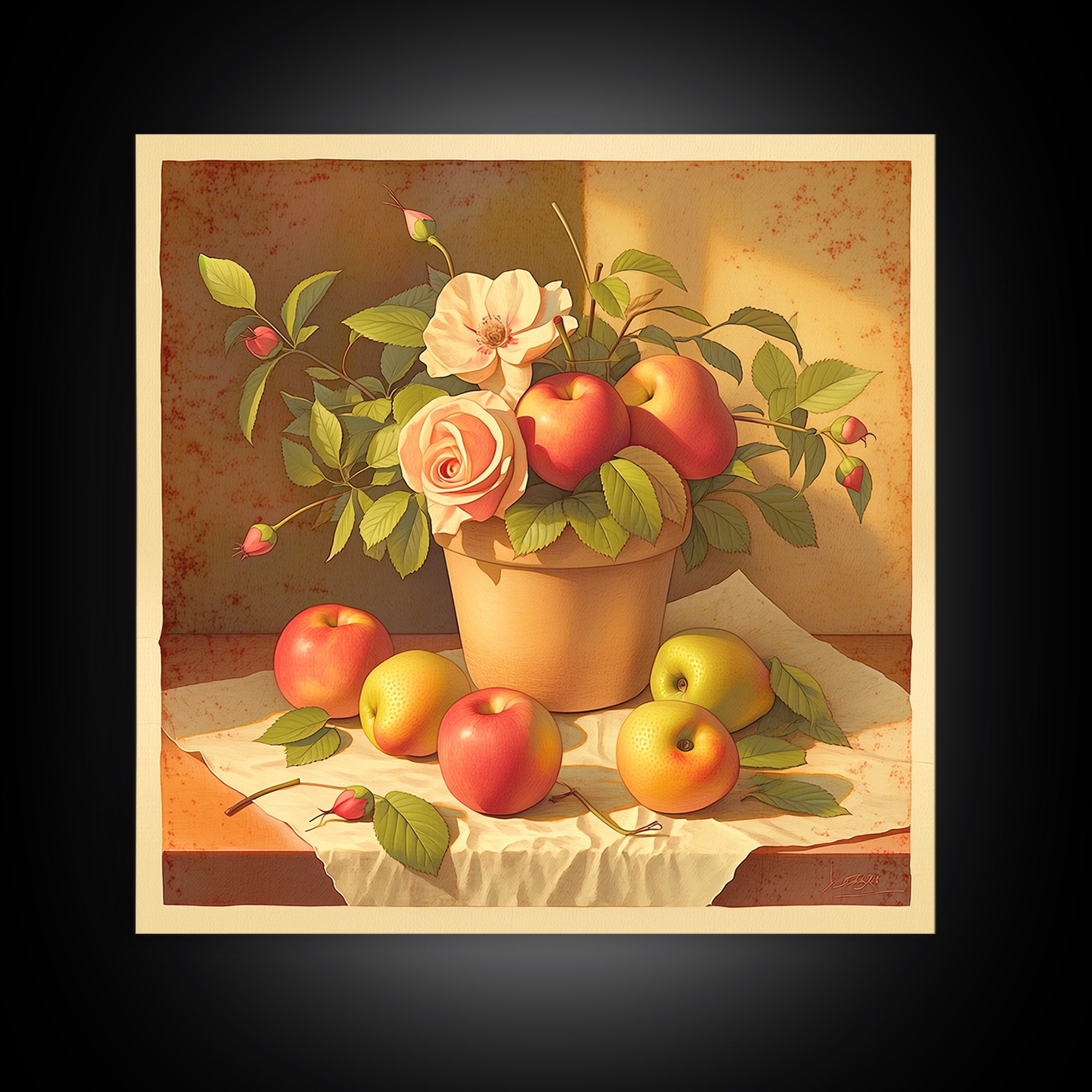 Simple Still Life of Fruit and Linen Framed Canvas Print, General Fine Art, Minimalist Decor, Living Room Decor, Fine Art, GEN-1x1-88