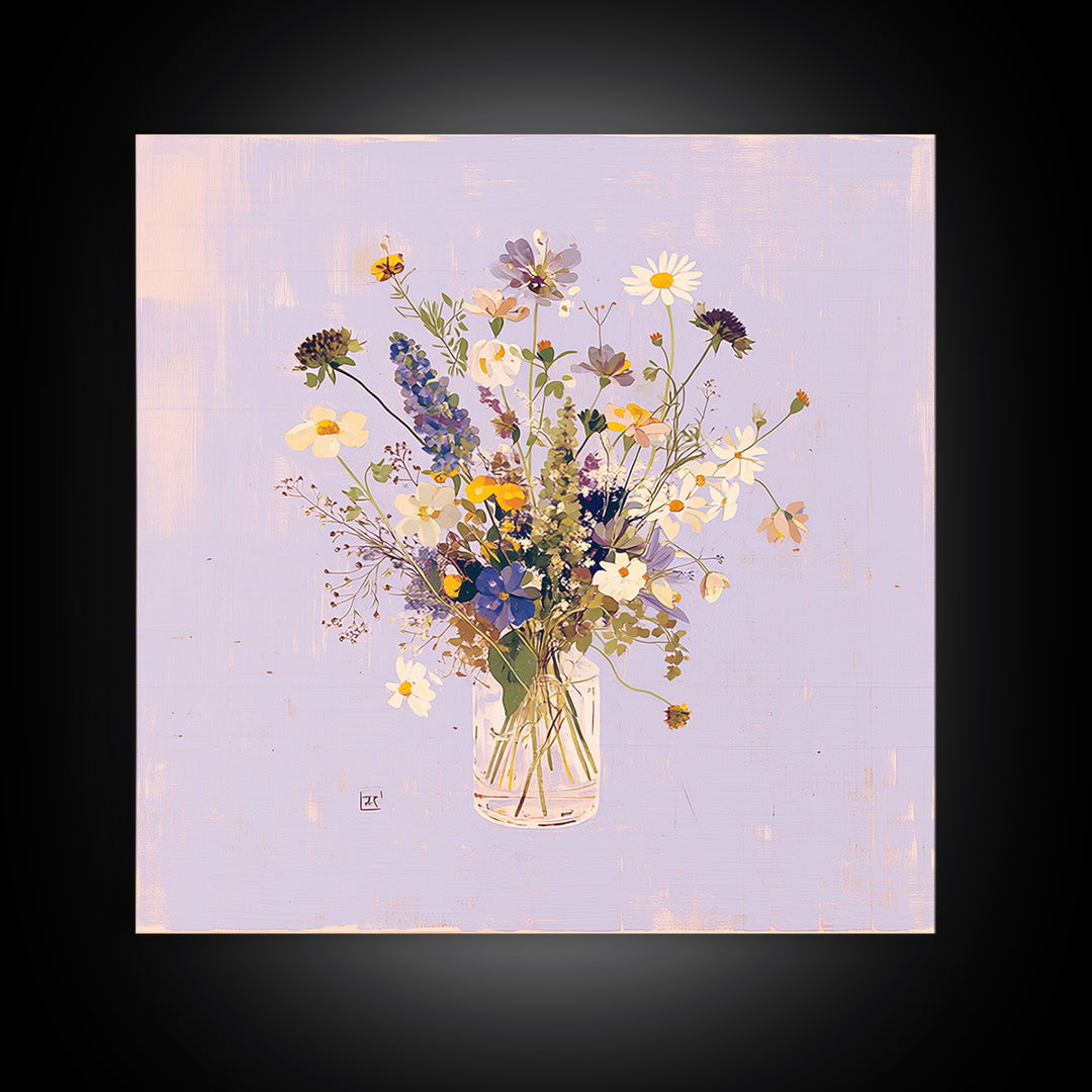Classic Oil Painted Vase of Wildflowers Canvas Print, General Fine Art, Fine Art Print, Living Room Decor, Watercolor Art, GEN-1x1-95