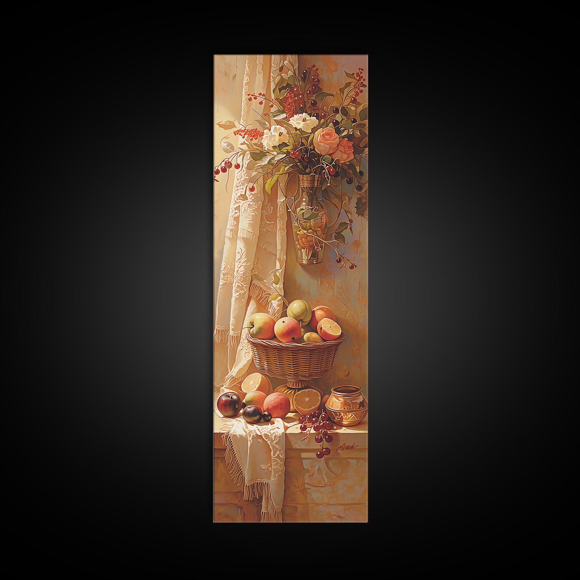 Simple Still Life of Fruit and Linen Framed Canvas Print, General Fine Art, Minimalist Decor, Living Room Decor, Fine Art, GEN-1x3-4