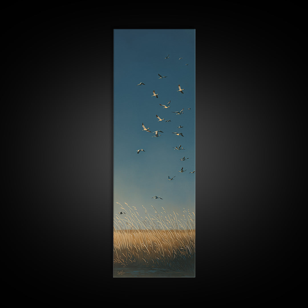 Minimal Birds in Flight over an Open Framed Canvas Print, General Fine Art, Digital Print, Living Room Decor, Watercolor Art, GEN-1x3-58