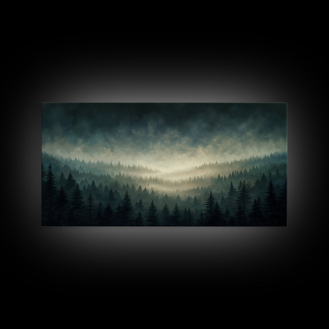 Moody Forest Clearing Framed Canvas Print, General Fine Art, Wall Hanging, Living Room Decor, Oil Painting, Statement Artwork, GEN-2x1-100