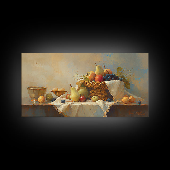Simple Still Life of Fruit and Linen Framed Canvas Print, General Fine Art, Room Decor, Living Room Decor, Abstract Art, GEN-2x1-12