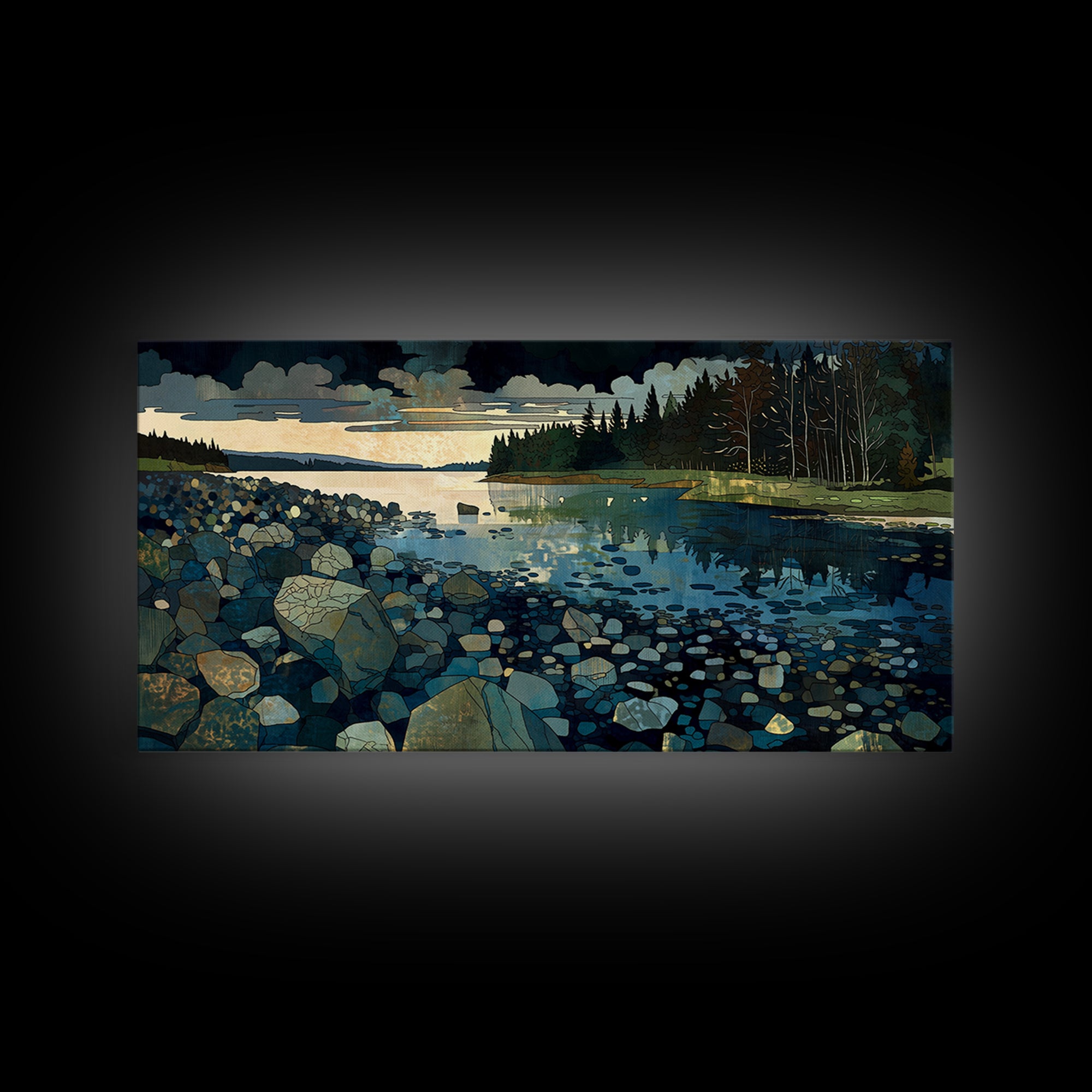 Quiet Abstract River Shape Framed Canvas Print, General Fine Art, Statement Artwork, Living Room Decor, Abstract Art, GEN-2x1-20