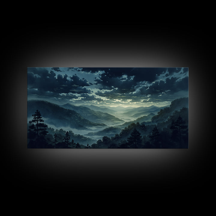 Misty Mountain Valley Framed Canvas Print, General Fine Art, Minimalist Decor, Living Room Decor, Oil Painting, GEN-2x1-24