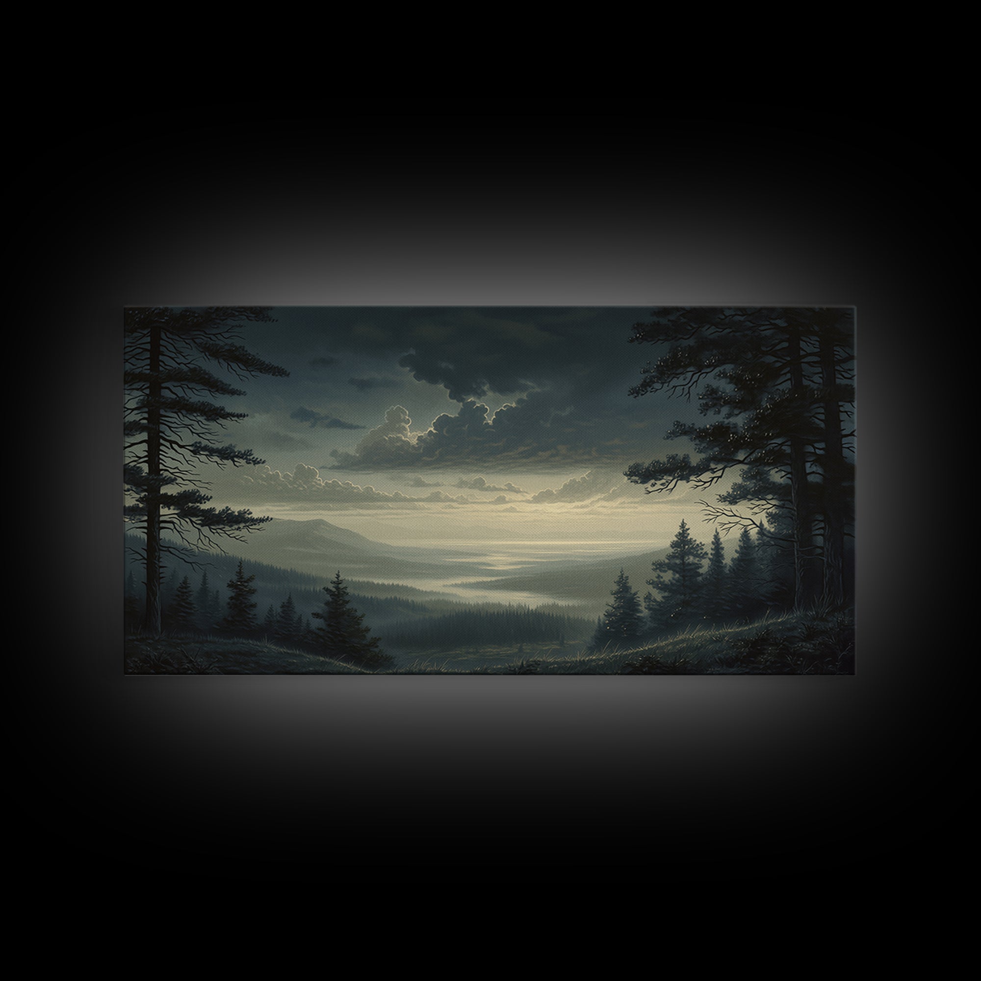 Moody Forest Clearing Framed Canvas Print, General Fine Art, Contemporary Art, Living Room Decor, Fine Art, Digital Art, GEN-2x1-28
