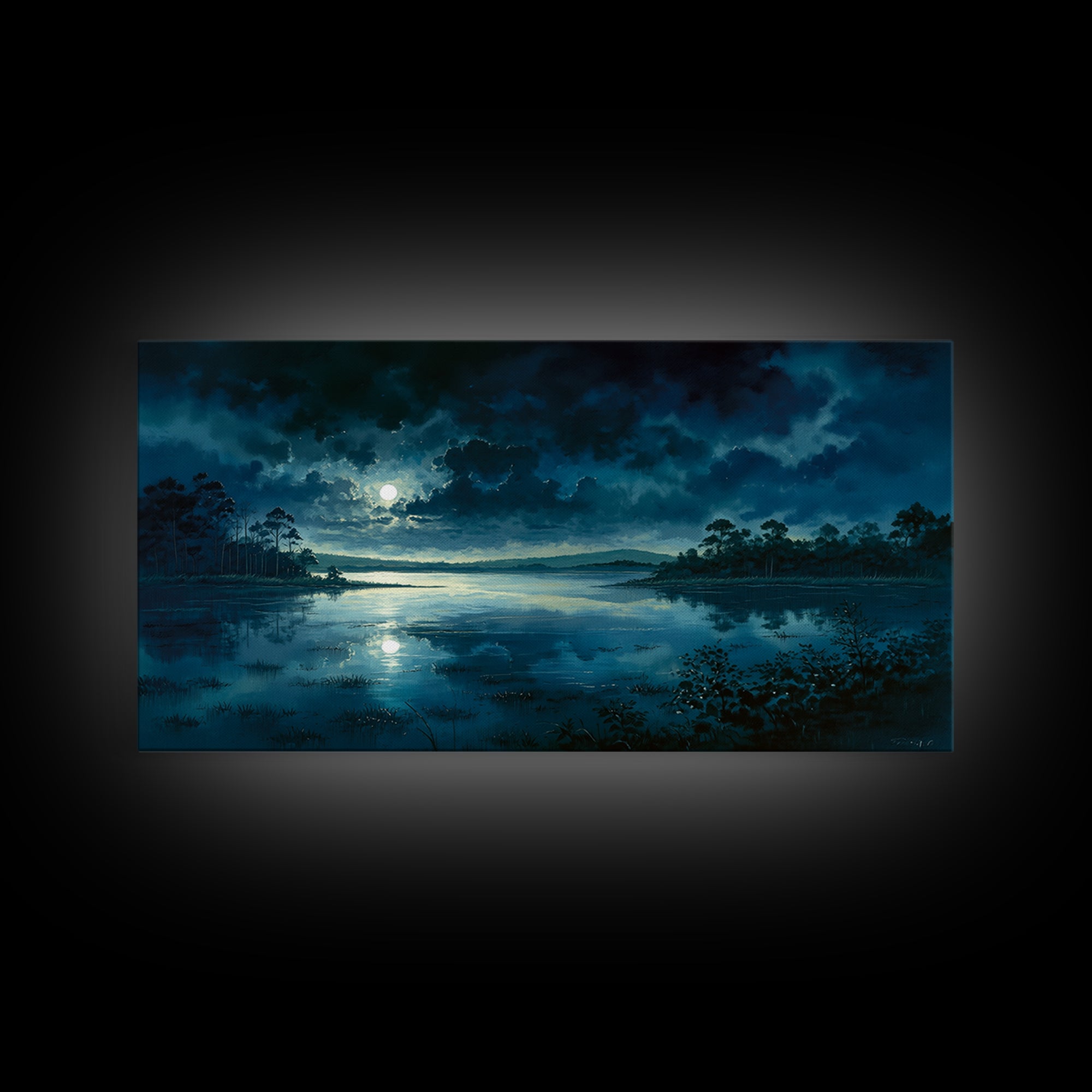 Dreamlike Moonlit Lake Framed Canvas Print, General Fine Art, Art, Living Room Decor, Fine Art, Mid Century Modern, GEN-2x1-33