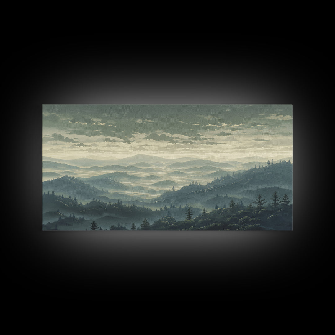 Misty Mountain Valley Framed Canvas Print, General Fine Art, Art Prints, Living Room Decor, Fine Art, Wall Hanging, GEN-2x1-72