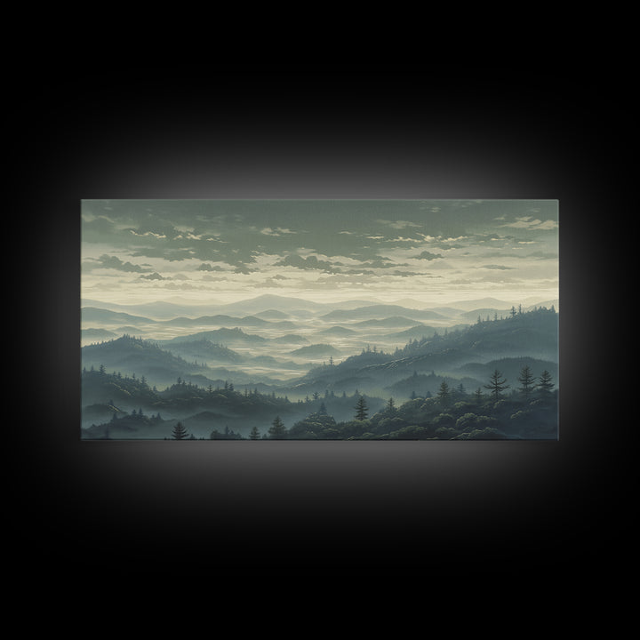 Misty Mountain Valley Framed Canvas Print, General Fine Art, Art Prints, Living Room Decor, Fine Art, Wall Hanging, GEN-2x1-72