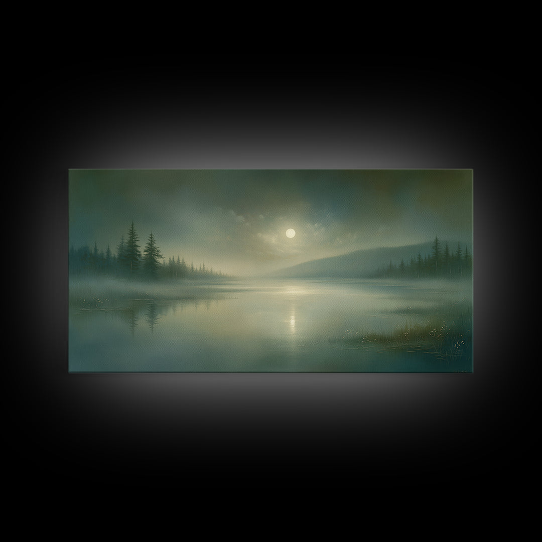 Dreamlike Moonlit Lake Framed Canvas Print, General Fine Art, Wall Art Prints, Living Room Decor, Watercolor Art, GEN-2x1-81