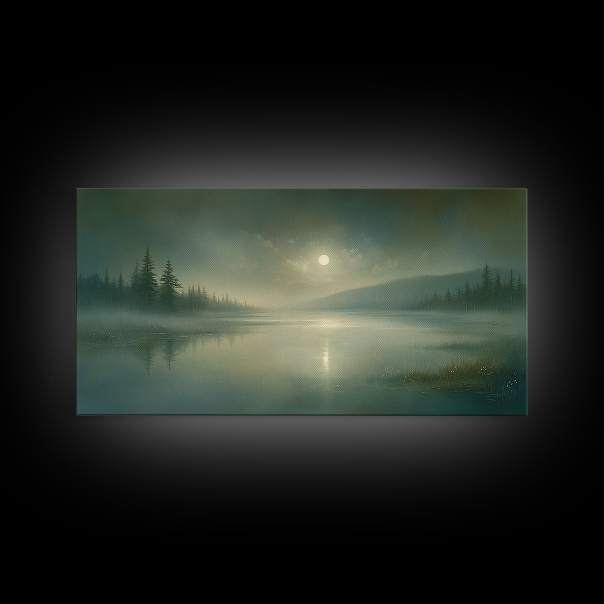 Dreamlike Moonlit Lake Framed Canvas Print, General Fine Art, Wall Art Prints, Living Room Decor, Watercolor Art, GEN-2x1-81